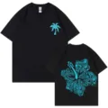 Black cotton t-shirt with front palm tree print and large tropical hibiscus back graphic. - S / Tops / Black