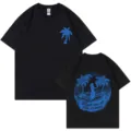 Classic black cotton t-shirt with cool palm tree and ocean wave print design for daily wear. - S / Tops / Black