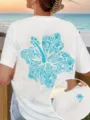 Unisex white cotton t-shirt with blue beach wave floral graphic short sleeve tee - S / Tops / White
