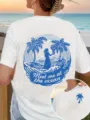 Men's women's white cotton short sleeve t-shirt with beach wave palm print casual top - S / Tops / White