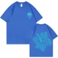 Men and women casual blue cotton short sleeve t-shirt with palm and floral print - S / Tops / Sapphire Blue