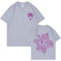Grey short sleeve cotton t-shirt main view featuring front palm tree and back floral print. - S / Tops / Gray
