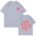 200g 100% Baumwolle graues T-Shirt mit Palmen-Vorderseite und Hibiskus-Rückseite - S / Oberteile / Grau