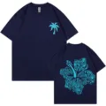 Dark blue cotton t-shirt with front palm tree and back marine floral print casual summer top - S / Tops / Navy Blue 317