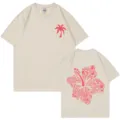 Herren Damen 200g Baumwolle beige T-Shirt tropische Palme Hibiskus Grafik Sommer Top. - S / Oberteile / Beige