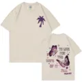 Klassisches Baumwoll Kurzarm T-Shirt mit Palmen und Schmetterling Druck für Alltag - Beige