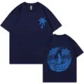 Navy cotton T-shirt with back ocean graphic, short sleeve casual couple tee variant. - S / Tops / Navy Blue