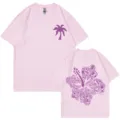 Pink cotton short sleeve t-shirt with palm tree and back hibiscus marine graphic design. - S / Tops / Pink