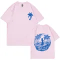 Pink 100% cotton short sleeve t-shirt featuring blue palm tree and ocean back design. - Pink