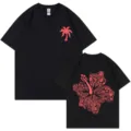 Casual black cotton t-shirt with pink tropical palm and floral back print for summer wear. - S / Tops / Black