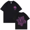 Unisex 100% cotton black t-shirt featuring stylish palm tree and floral graphic prints. - S / Tops / Black
