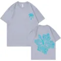 Grey cotton t-shirt with palm tree and wave hibiscus back print, casual couple tee. - S / Tops / Gray