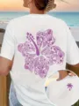White cotton short sleeve t-shirt with purple beach floral graphic back print style - S / Tops / White