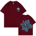 Men Women Casual Cotton T-Shirt Summer Short Sleeve Blue Palm Flower Graphic Print Tee Top - S / Tops / Wine Red (317)