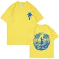 Yellow cotton short sleeve t-shirt with tropical palm tree back print and ocean typography. - Yellow