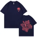 Navy blue cotton short sleeve t shirt with palm tree chest print and floral back graphic. - S / Tops / Navy Blue