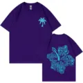 Purple cotton short sleeve t-shirt with front palm tree and back floral graphic print. - S / Tops / Purple