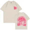 Beige Baumwolle Kurzarm T-Shirt mit Hibiskus vorne und Surfer Grafik Print hinten. - S / Oberteile / Beige