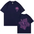 Navy Blue Short Sleeve T-Shirt Purple Palm Hibiscus Print Couple Casual Cotton Top SKU - S / Tops / Navy Blue