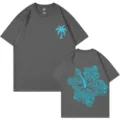Men's cotton t-shirt casual graphic tee with palm tree and ocean flower print streetwear top - S / Tops / Dark Gray