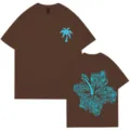 Casual brown short sleeve cotton couple t-shirt with blue tropical palm tree and flower print. - S / Tops / Coffee