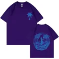 Purple cotton short sleeve t-shirt with cool blue palm tree graphic and ocean back print. - Purple