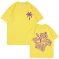 Unisex 200g cotton yellow t-shirt featuring front palm tree and back marine floral graphic. - S / Tops / Yellow