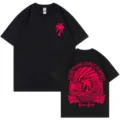 Camiseta negra de algodón de manga corta con estampado de olas rosas para hombre y mujer - S / Tops / Negro