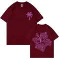 Bordeauxrotes Baumwoll-Kurzarmshirt für Herren mit Palmen und Hibiskus Print. - S / Oberteile / Burgunderrot