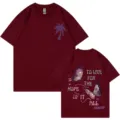 Burgundy Kurzarm Baumwolle T-Shirt mit Schmetterling Grafik und Palmendruck Rücken - Burgunderrot