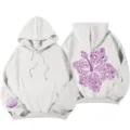 Λευκό oversized φούτερ με κουκούλα και floral σχέδιο για γυναίκες, casual μακρυμάνικο. - S / Tops / Γκριζωπό Λευκό