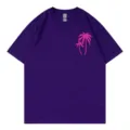 Lila Kurzarm T-Shirt mit rosa Palme Print, lässiges lockeres Rundhals Oberteil. - S / Oberteile / Lila