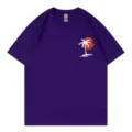 Lässiges violettes Kurzarm T-Shirt mit Palmen Sonnenuntergang Grafik, bequemes Freizeittop. - Lila