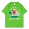 Green California surf t-shirt women casual crewneck short sleeve vintage sunset palm tree top - Fruit Green