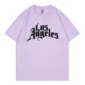 Lavender short sleeve t-shirt for women, casual crewneck top with gothic Los Angeles letter print. - Light Purple
