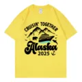 Gelbes Kurzarm T-Shirt mit Kreuzfahrt Grafikdruck, lässiges Rundhals Oberteil für Damen und Herren. - S / Oberteile / Gelb