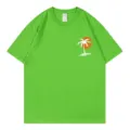 Lässiges grünes Kurzarm T-Shirt mit Palmen Sonnenuntergang Grafik und Rundhalsausschnitt. - Obstgrün 1
