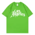 Green short sleeve t-shirt with Los Angeles print, casual loose fit crewneck cotton top for women. - Fruit Green