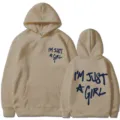 Μπεζ φούτερ με κουκούλα παραλλαγή, I'm Just A Girl τύπωμα γραμμάτων μακρυμάνικο casual. - S / Tops / Καμηλό