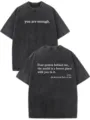 Maglietta a maniche corte in cotone lavato vintage con stampa motivazionale, vestibilità ampia. - Taglia S / Top / Nero 1