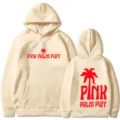 Sweat à capuche beige pour homme et femme avec imprimé palmier rouge et lettres tendance. - S / Hauts / Kaki