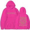 Sweat à capuche rose vif avec impression de texte religieux devant et dos, vêtement confortable. - S / Hauts / Rose rouge