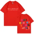 Rotes Baumwoll-Kurzarm-T-Shirt mit Grafik für Damen und Herren, lässiges Oversized Oberteil - Rot