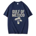 Herren Damen Baumwolle Rundhals Kurzarm T-Shirt Golf von Mexiko Palme Print Oberteil - S / Oberteile / Marineblau