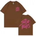 Brown oversized t-shirt featuring pink Saja Boys print front and back, casual crewneck top. - Coffee