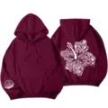 Damen Oversized Y2K Hoodie Schulterfreier Burgunder Grafik Pullover mit Muschel Blümchen - S / Oberteile / Weinrot (311)