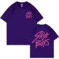 Purple oversized short sleeve t-shirt for men and women featuring pink letter print design. - Purple