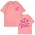 Pink oversized graphic T-shirt for men and women with trendy Saja Boys chest and back print. - Light Pink