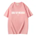 Casual roze katoenen t-shirt met Gulf of Mexico print, comfortabele unisex losse pasvorm. - Roze