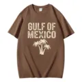 Casual brown short sleeve t-shirt with Gulf of Mexico palm tree graphic print for daily wear. - S / Tops / Coffee